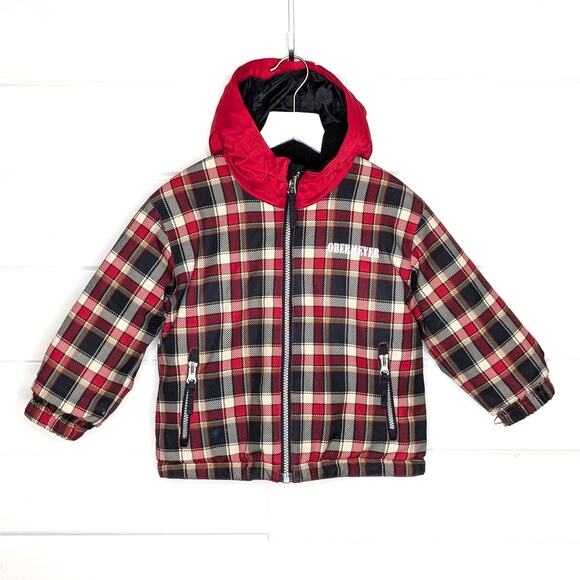 Obermeyer Kids Ski Jacket Size 3 Hooded Insulated Reflective Red Black Plaid - Picture 1 of 13